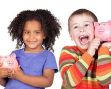 girl and boy with pink piggy banks