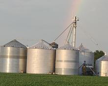 grain bins with a rainbow over it